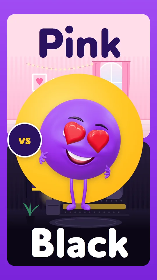 Vertical Short thumbnail: pink room on top, black room below, Myster in between